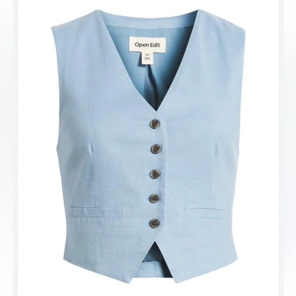 Open Edit Tailored Vest Blue Chambray Size Small - Picture 2 of 9